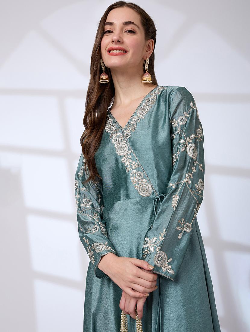 globus women sea green v-neck sequin embroidered detail tassel waist tie-ups flared hem a-line festive maxi dress - 21738645 - Standard Image - 3