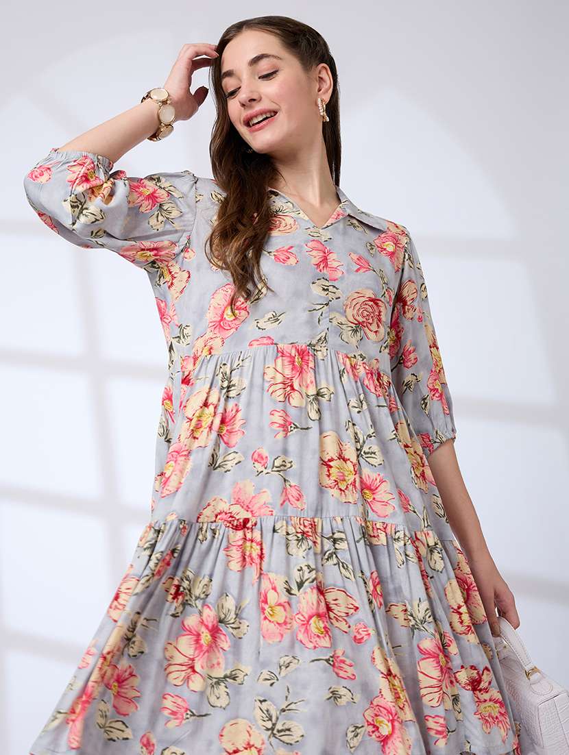 women floral three quarter sleeve tiered dress - 21738646 -  Standard Image - 3