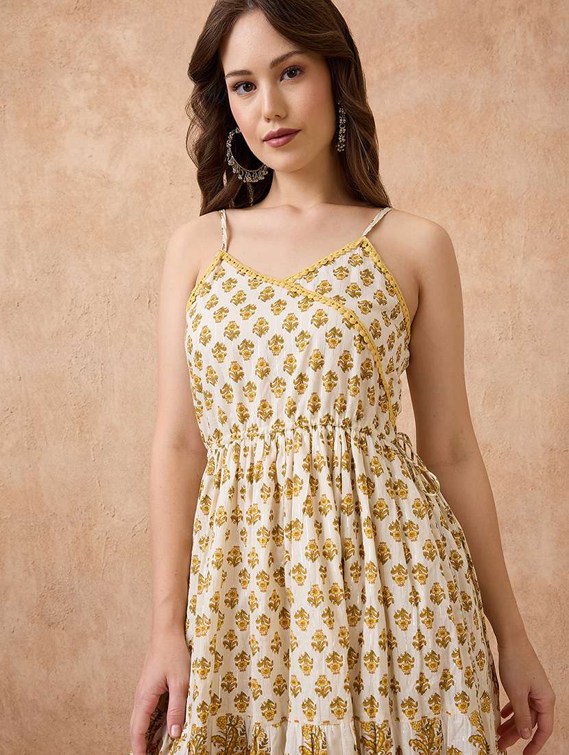 globus women yellow floral print v-neck shoulder strap fit & flared tiered maxi fusion dress - 21738647 -  Standard Image - 3