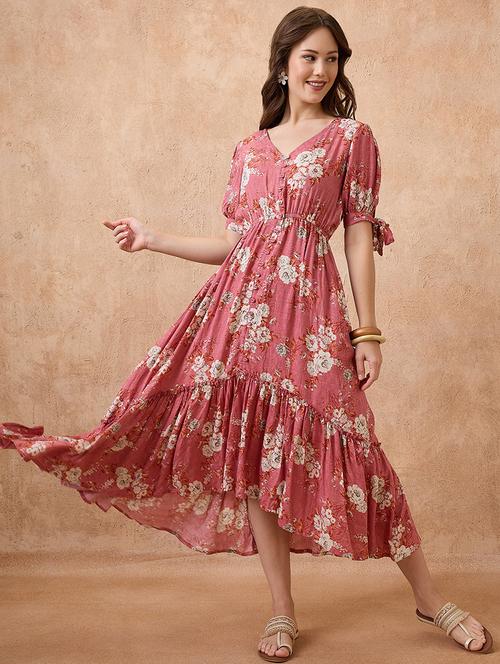 globus women pink floral print v-neck puff sleeves fit and flare midi tiered fusion dress - 21738649 - Standard Image - 0