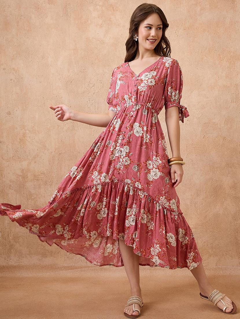 globus women pink floral print v-neck puff sleeves fit and flare midi tiered fusion dress - 21738649 - Zoom Image - 0