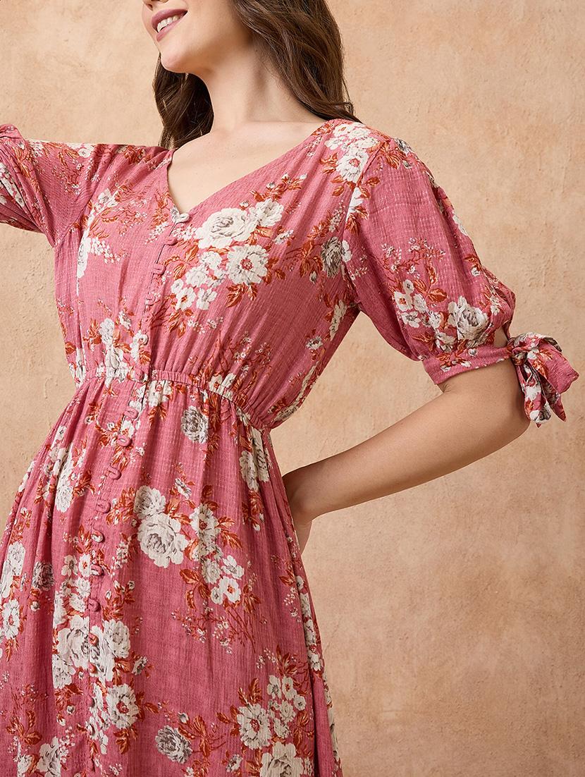 globus women pink floral print v-neck puff sleeves fit and flare midi tiered fusion dress - 21738649 - Standard Image - 3