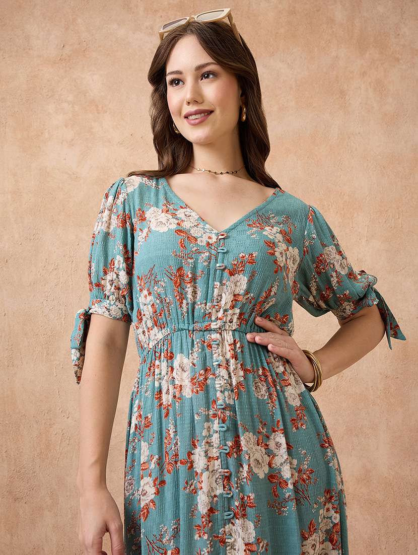 globus women blue floral print v-neck puff sleeves fit and flare midi tiered fusion dress - 21738650 -  Standard Image - 3