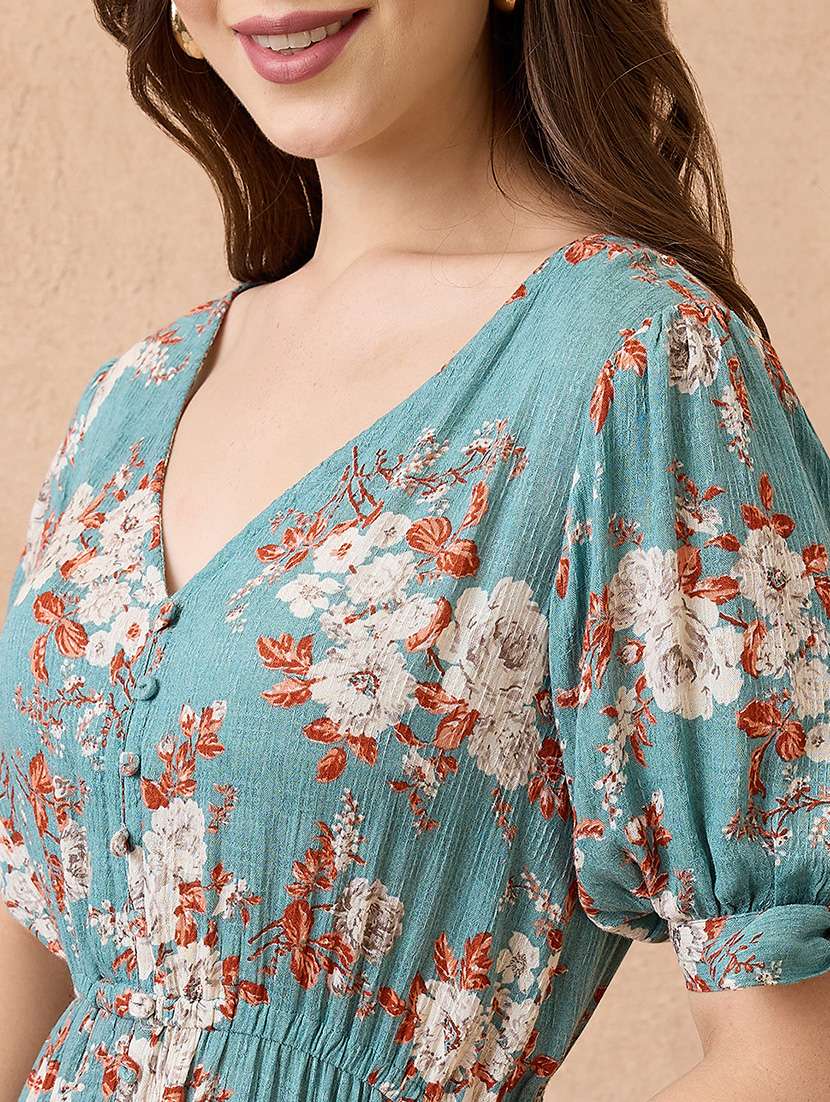 globus women blue floral print v-neck puff sleeves fit and flare midi tiered fusion dress - 21738650 -  Standard Image - 5