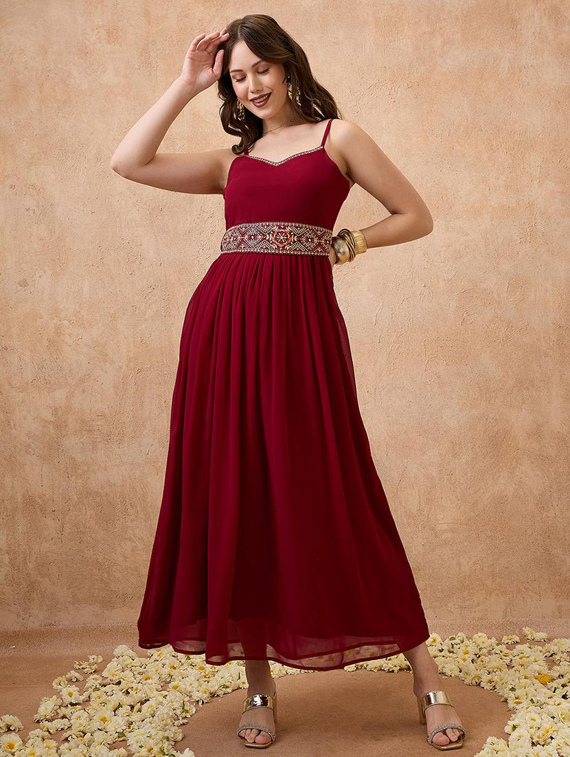 globus women maroon sweetheart neck shoulder strap georgette embroidered waist tie-up tiered a-line maxi festive dress - 21738655 -  Zoom Image - 0