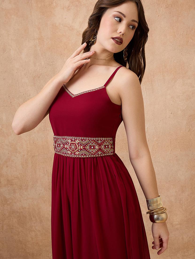 globus women maroon sweetheart neck shoulder strap georgette embroidered waist tie-up tiered a-line maxi festive dress - 21738655 - Standard Image - 3