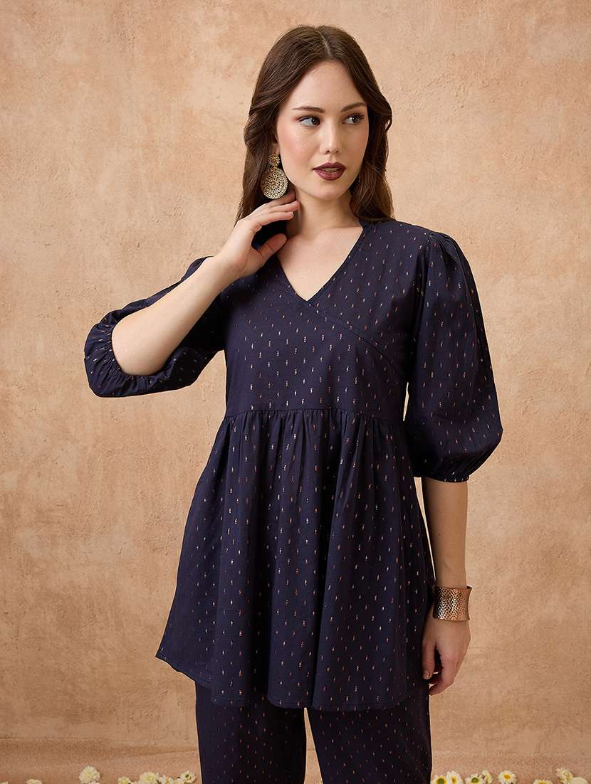globus women navy blue v-neck bishop sleeve woven design tunic with wide leg pants festive co-ord set - 21738661 -  Standard Image - 3