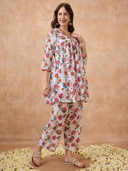 globus women white v-neck gotta patti floral print tunic with wide leg pants festive co-ord set - 21738663 - Standard Image - 0