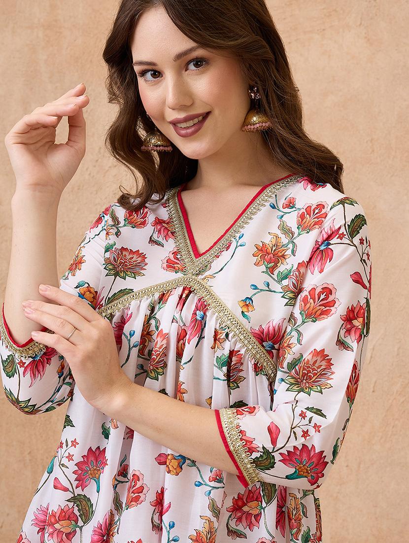 globus women white v-neck gotta patti floral print tunic with wide leg pants festive co-ord set - 21738663 - Standard Image - 3