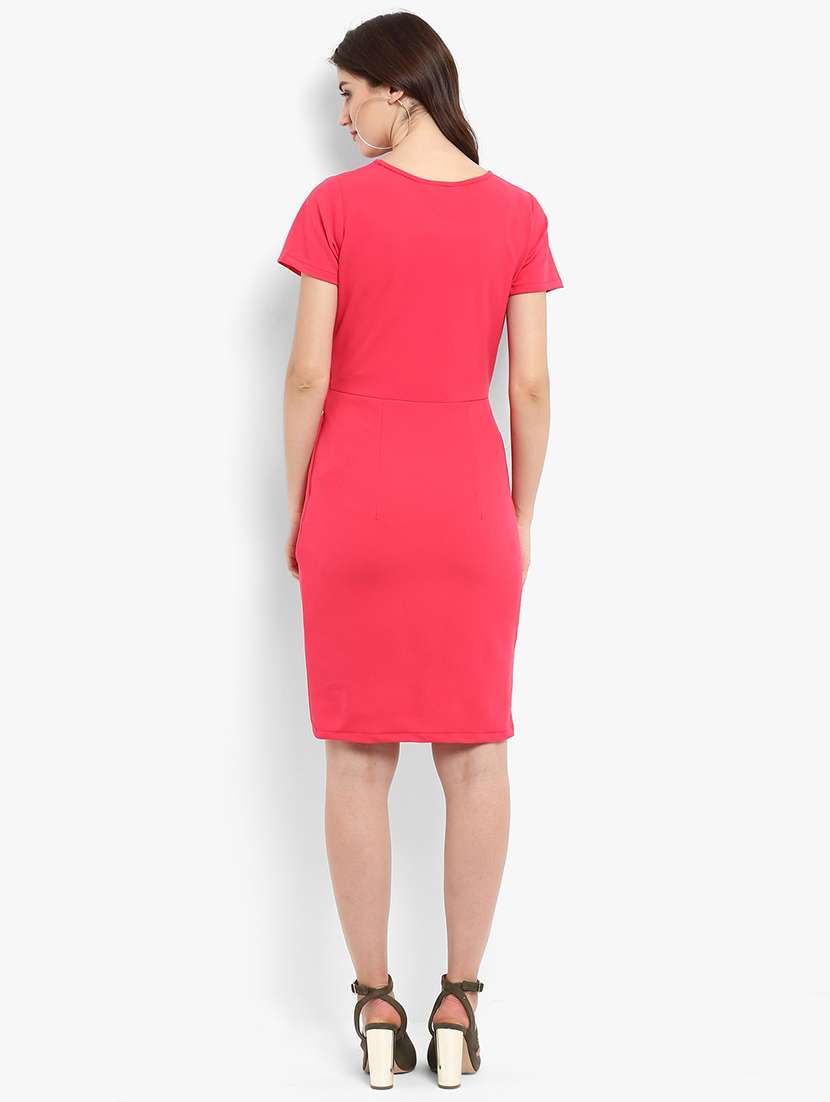 women pink solid round neck sheath dress - 21740002 -  Standard Image - 3