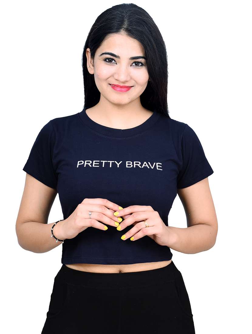 women typography print short sleeve crop top - 21740029 -  Zoom Image - 0