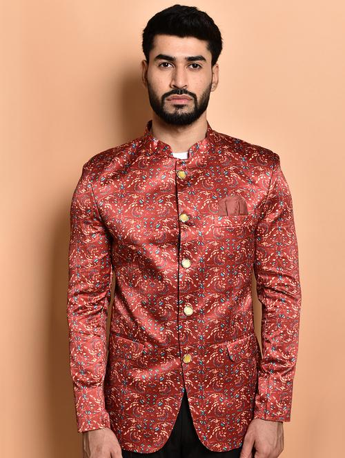 men printed mandarin collar casual blazer - 21740106 - Standard Image - 0