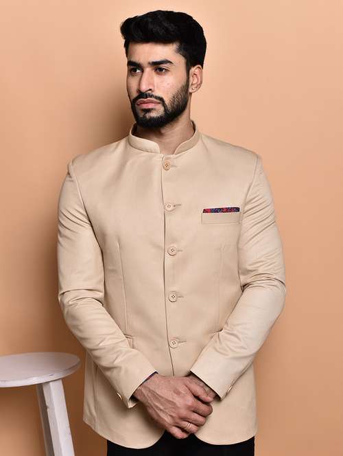 men solid mandarin neck casual blazer - 21740152 -  Standard Image - 0