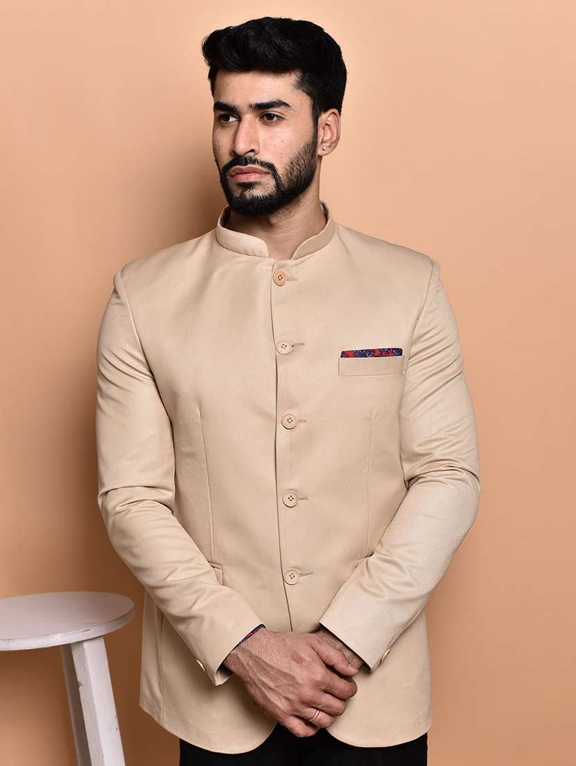 men solid mandarin neck casual blazer