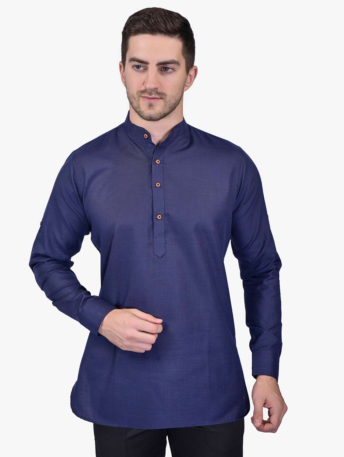 men solid long sleeve short kurta