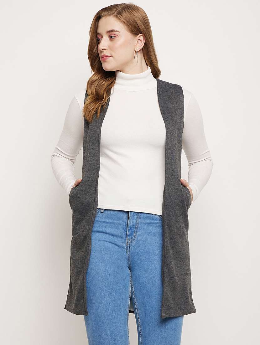 women solid sleeveless long shrug 
