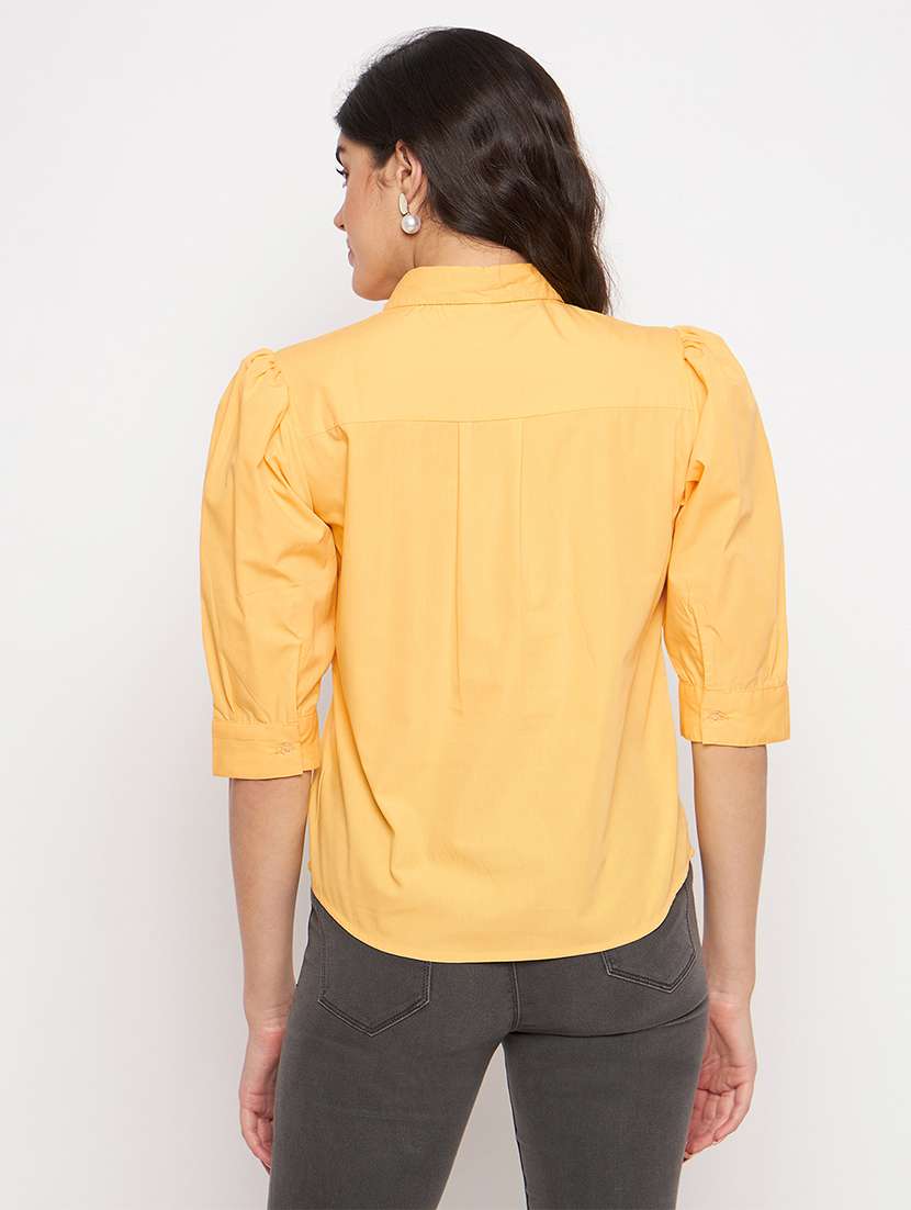 women solid collared puff sleeves shirt top - 21740435 -  Standard Image - 3