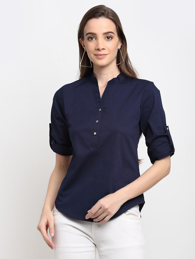 women solid roll up sleeves regular top - 21740437 - Zoom Image - 0