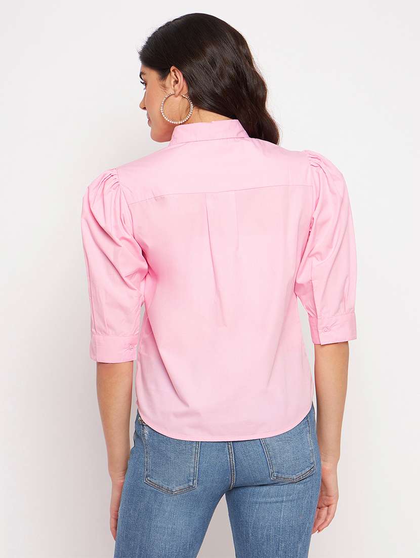 women solid collared puff sleeves shirt top - 21740441 -  Standard Image - 3
