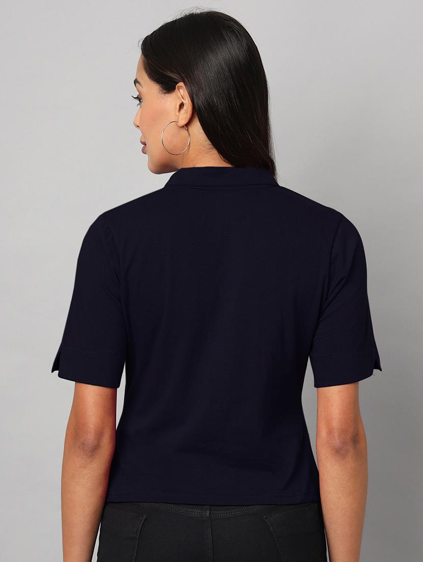 women solid collared shirt sleeves crop shirt - 21740446 - Standard Image - 3