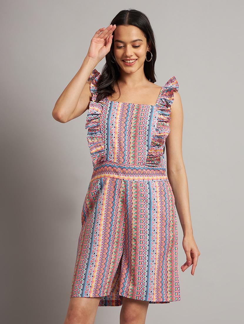 women printed ruffle detailed sleeveless romper