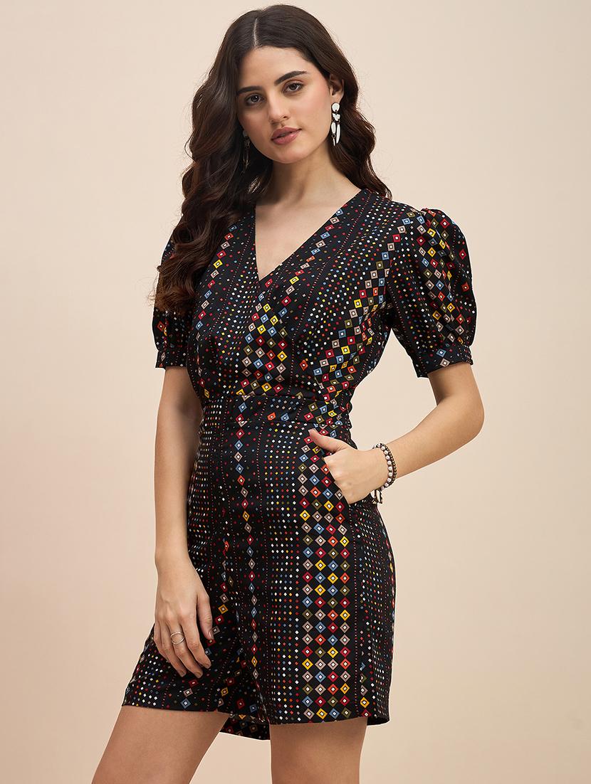 women printed puff sleeves romper - 21740477 - Zoom Image - 0