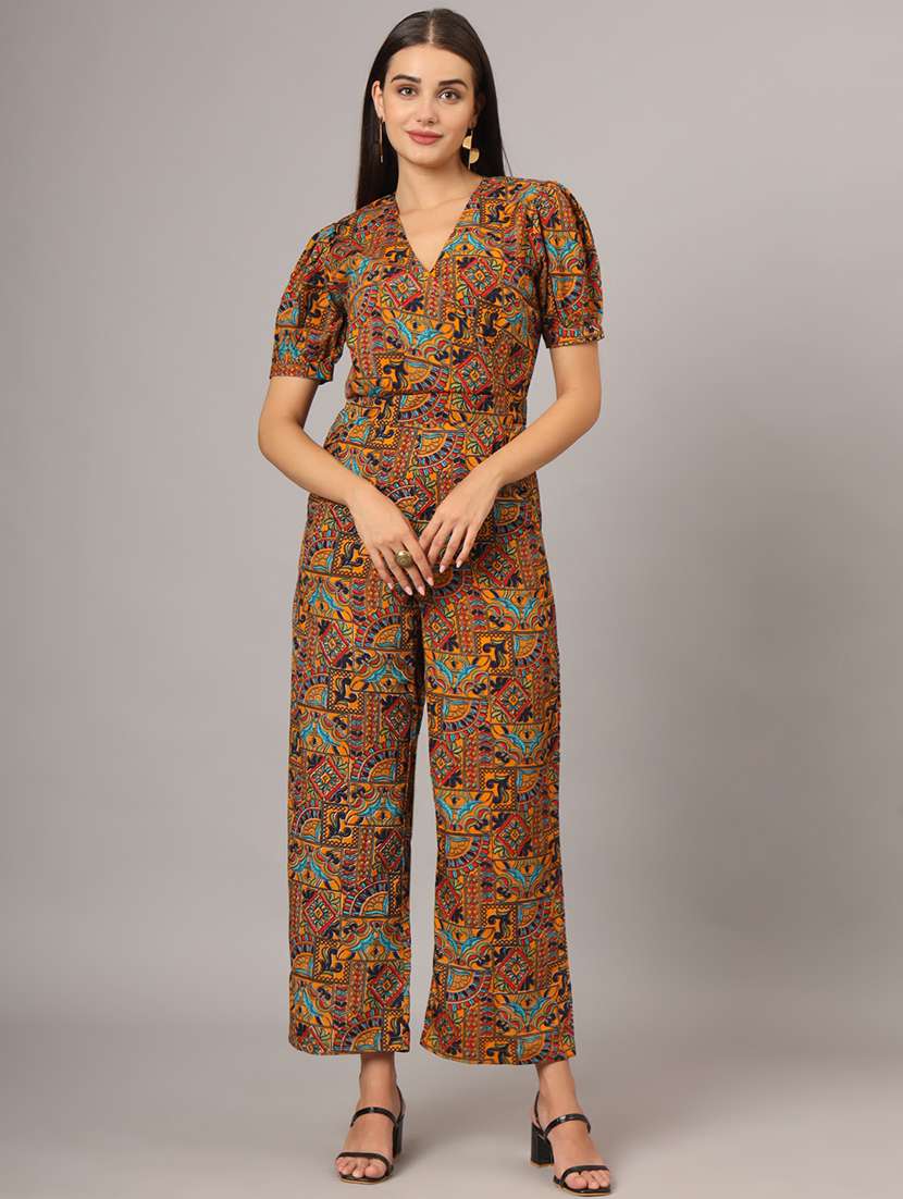 women printed puff sleeves jumpsuit