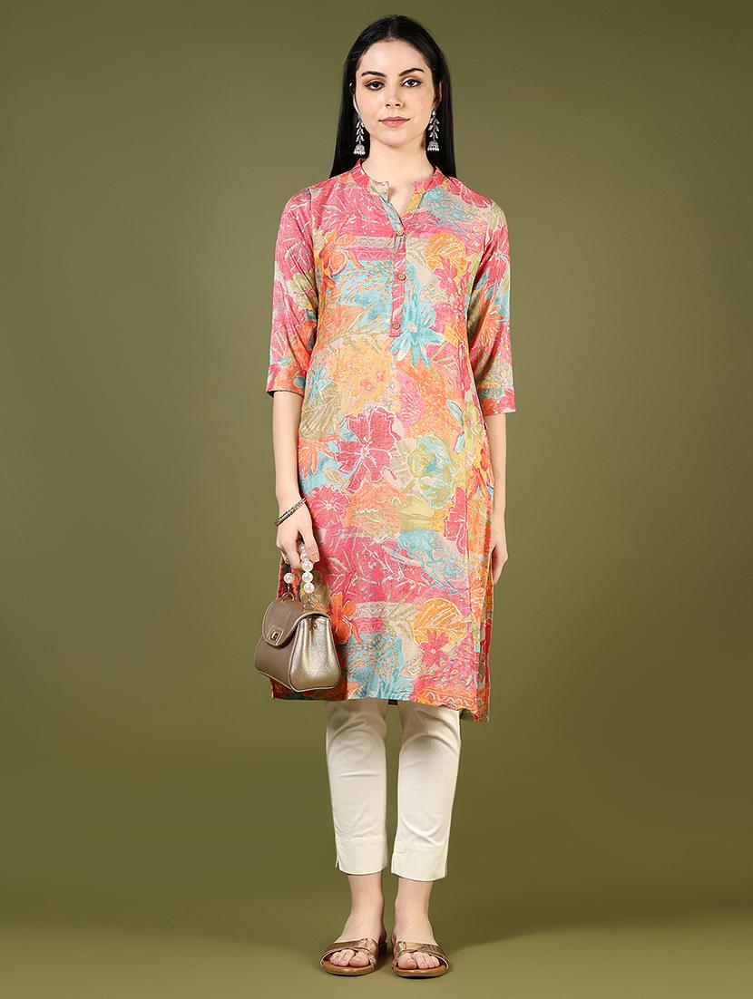 women floral printed mandarin neck straight kurta - 21740549 - Standard Image - 5