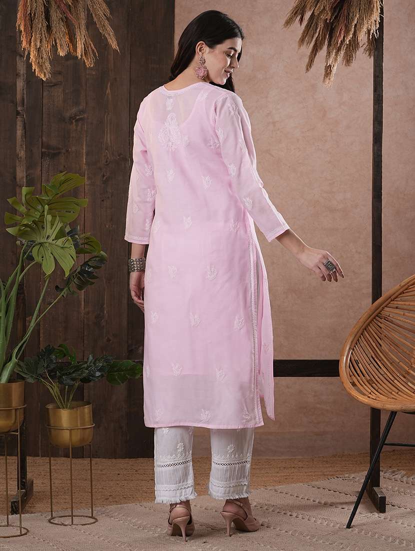 women three quarter sleeve straight chikankari kurta - 21740705 - Standard Image - 3