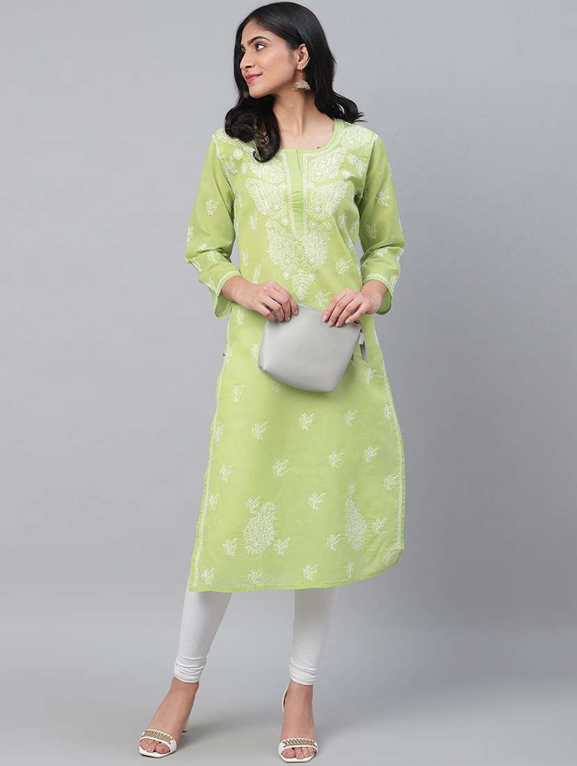 women three quarter sleeve straight chikankari kurta - 21740711 - Zoom Image - 0