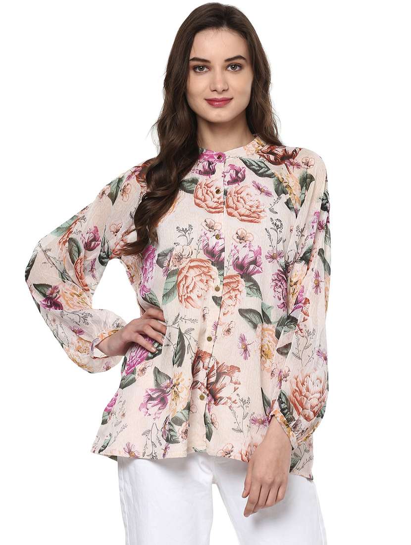 women floral print mandarin neck regular top
