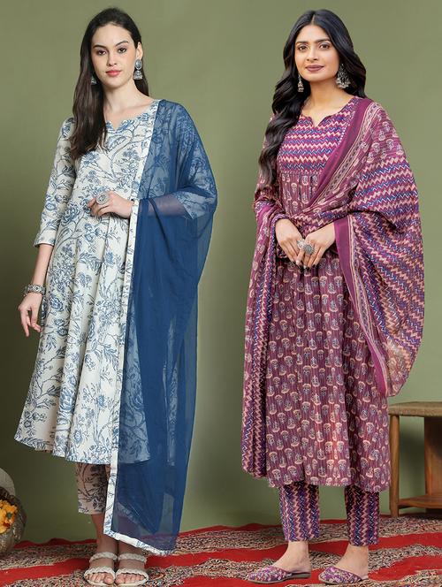 set of 2 printed kurta pant with dupatta set - 21740769 - Standard Image - 0