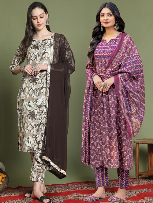 set of 2 printed kurta pant with dupatta set - 21740778 -  Standard Image - 0