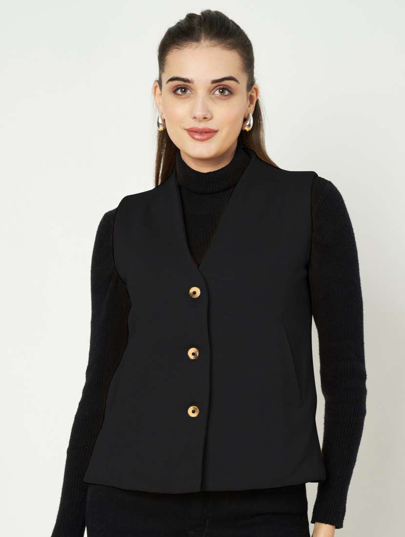 women solid sleeveless waist coat