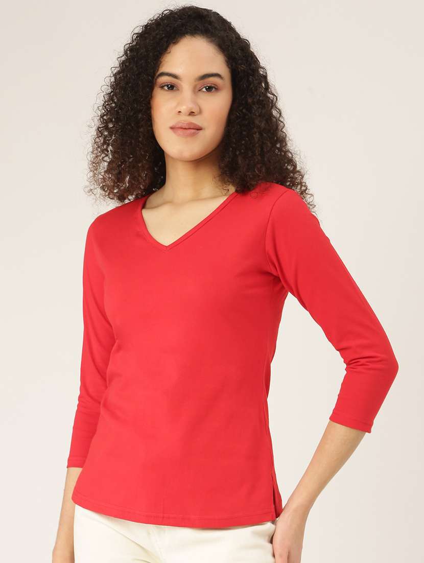 women solid three quarter sleeves regular t-shirt