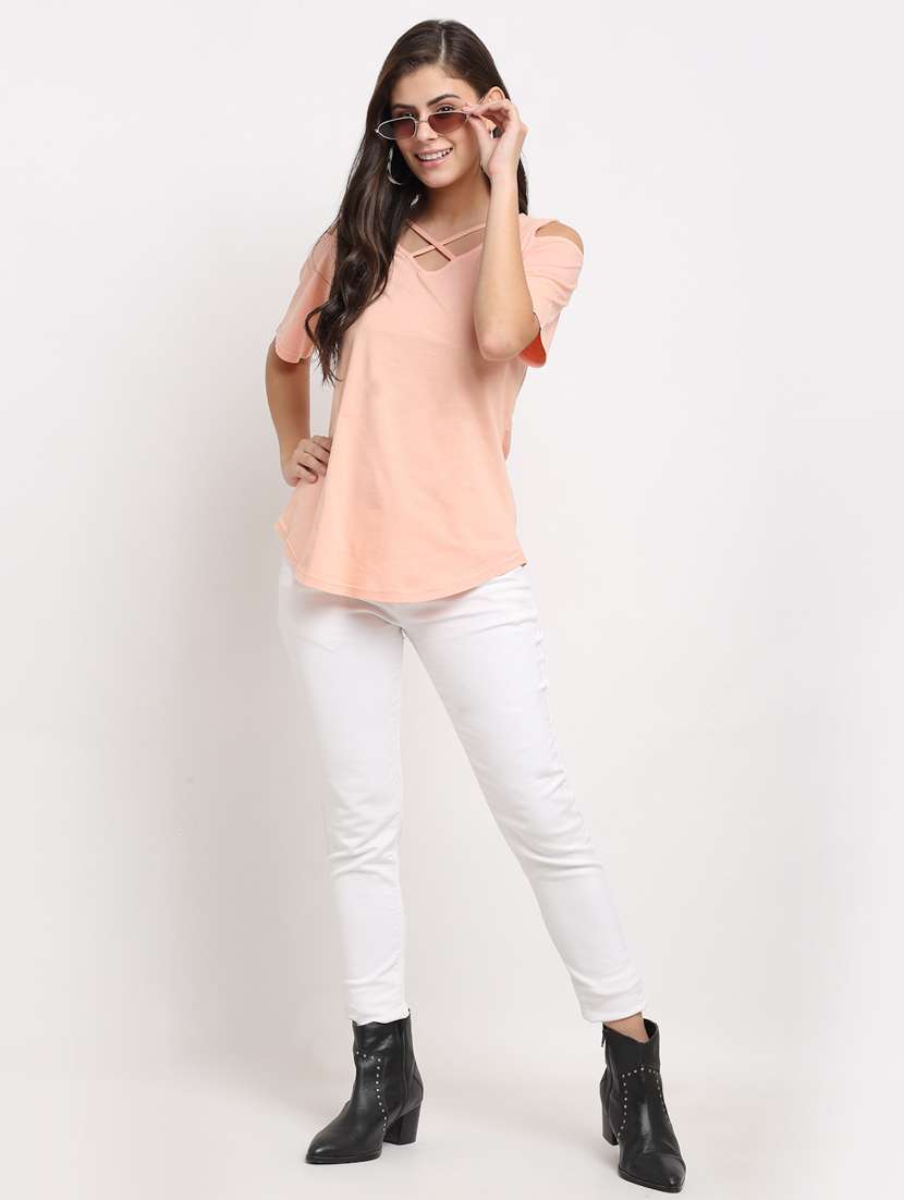 women solid cold shoulder top - 21741023 -  Standard Image - 3