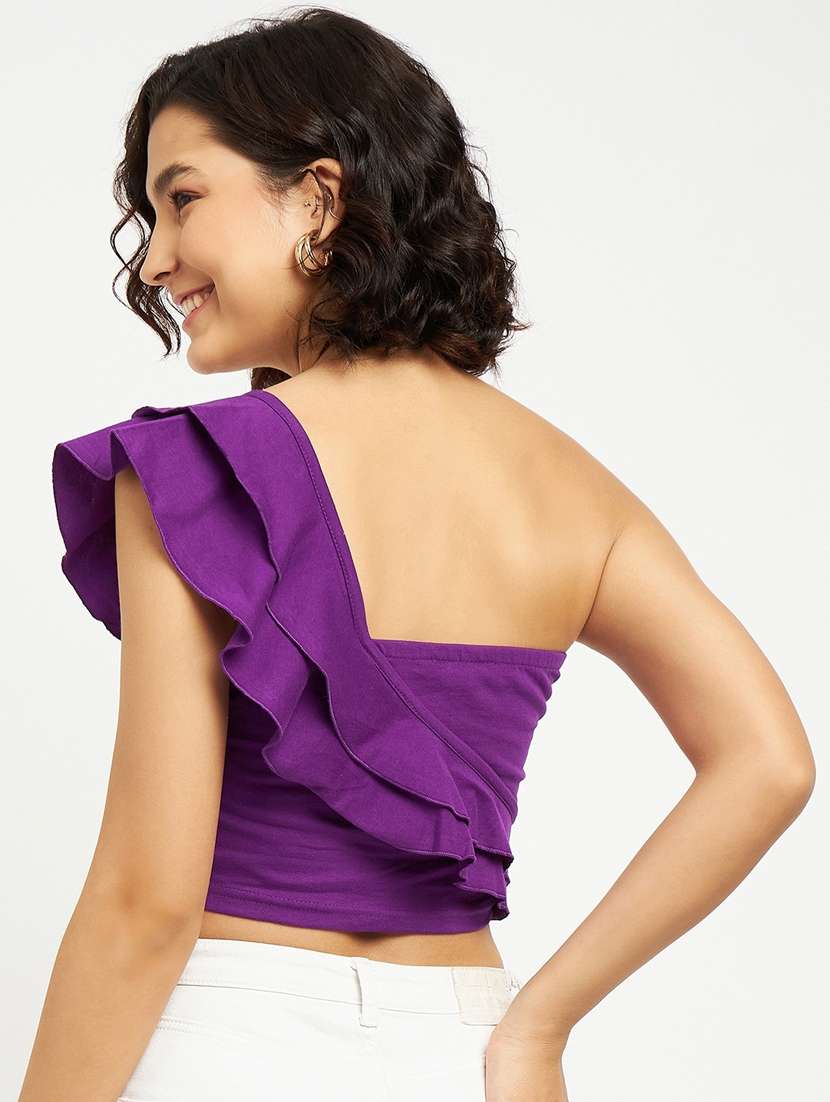 women solid single shoulder crop top - 21741095 -  Standard Image - 3