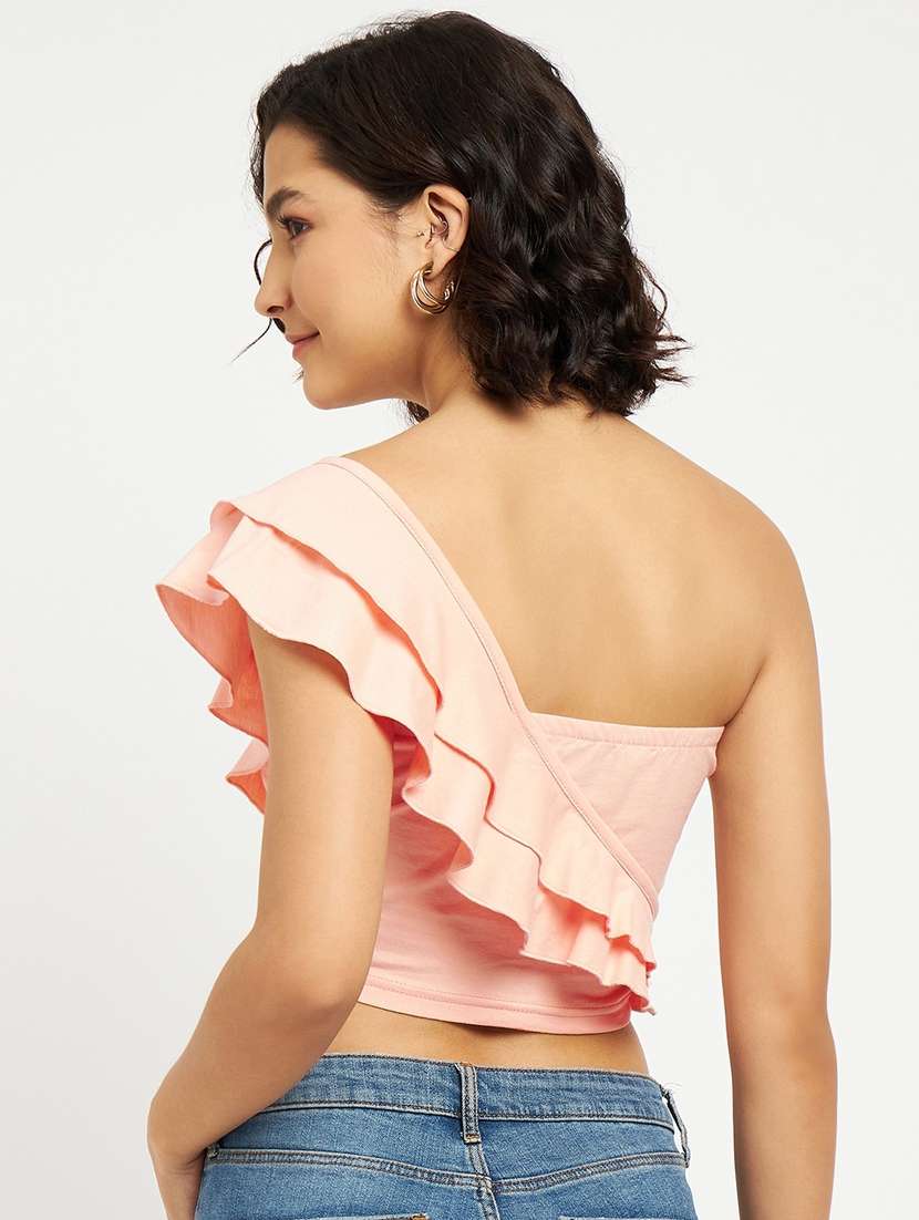 women solid single shoulder crop top - 21741096 -  Standard Image - 3