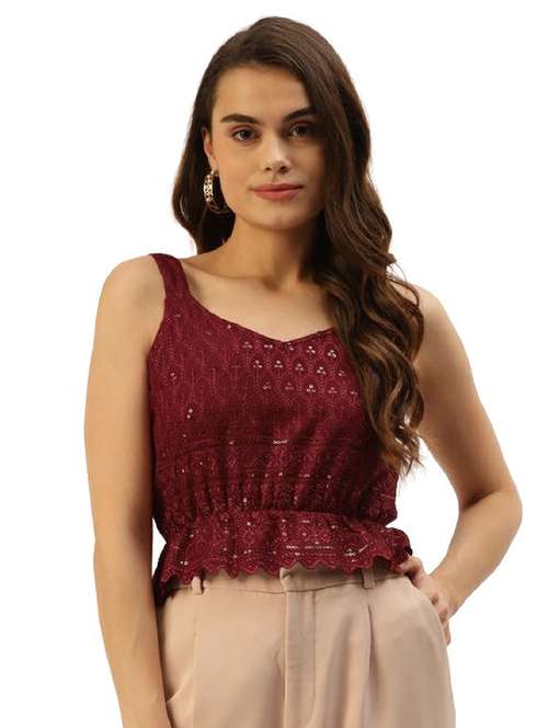 women embroidered sleeveless crop top