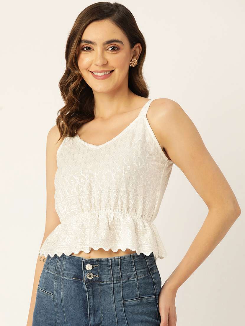 women embroidered sleeveless crop top