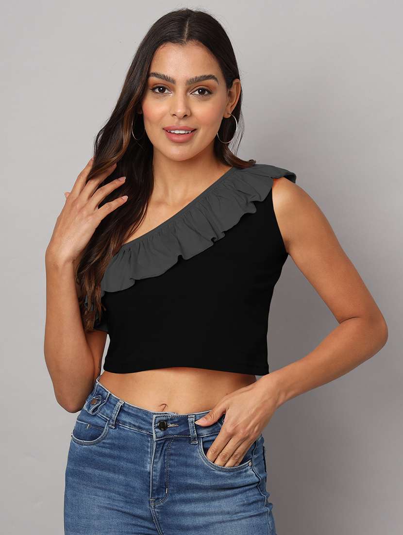women color block single shoulder crop top - 21741214 -  Zoom Image - 0