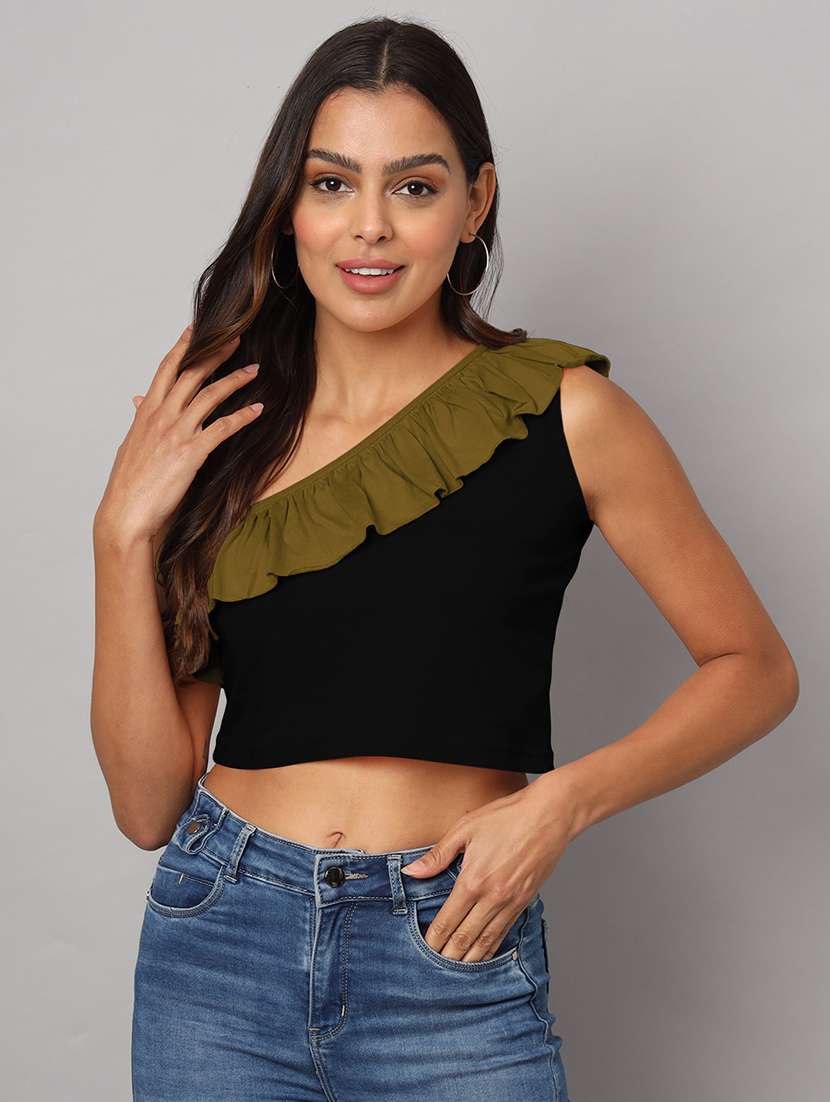 women color block single shoulder crop top