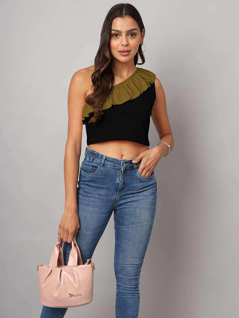 women color block single shoulder crop top - 21741215 -  Standard Image - 3