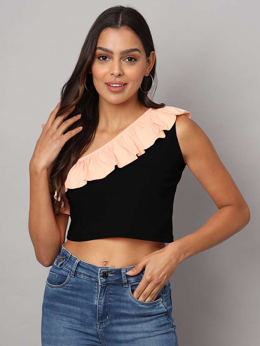 women color block single shoulder crop top