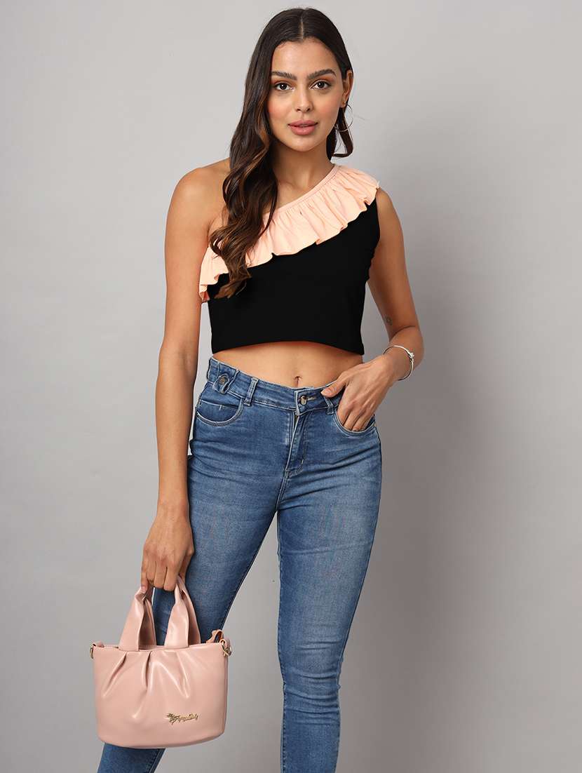 women color block single shoulder crop top - 21741216 -  Standard Image - 3