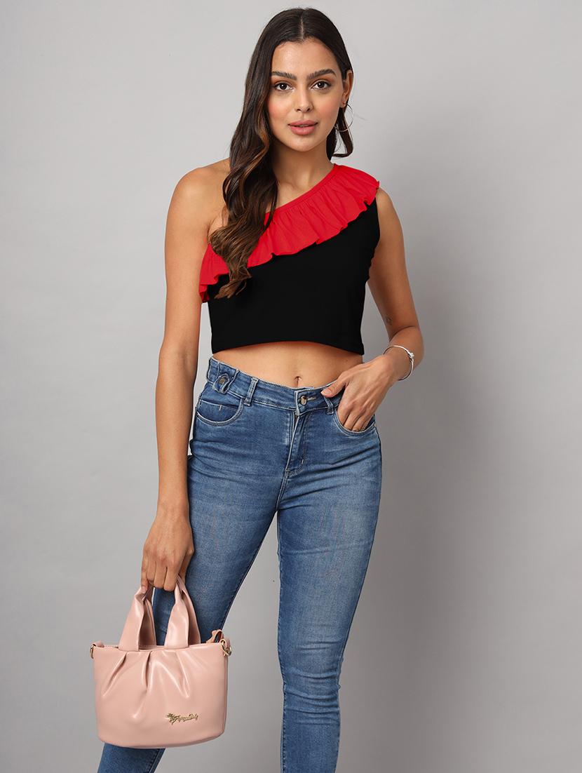 women color block single shoulder crop top - 21741217 - Standard Image - 3