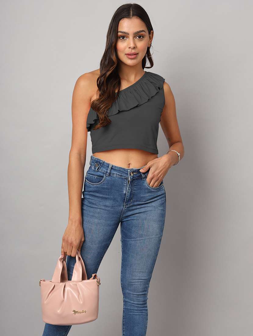 women solid single shoulder crop top - 21741219 -  Standard Image - 3