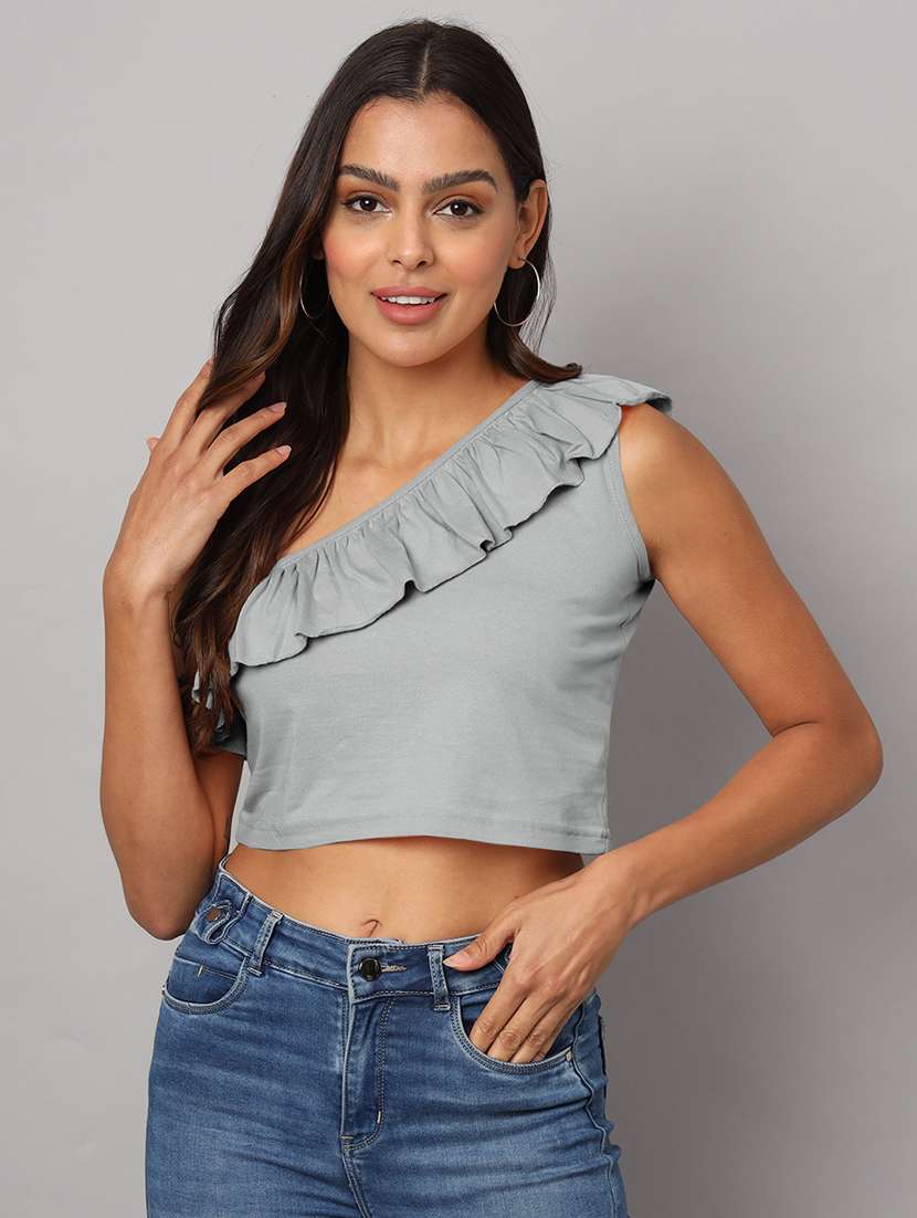women solid single shoulder crop top