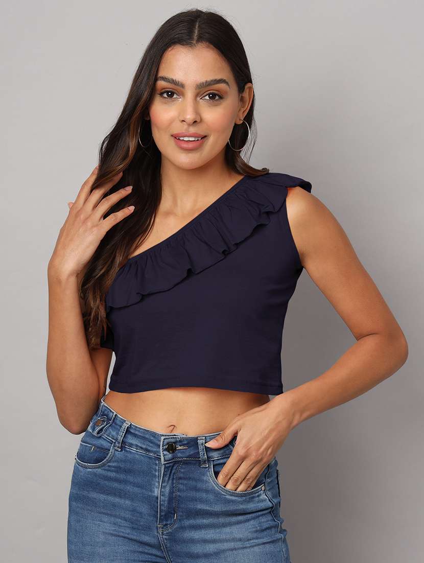 women solid single shoulder crop top
