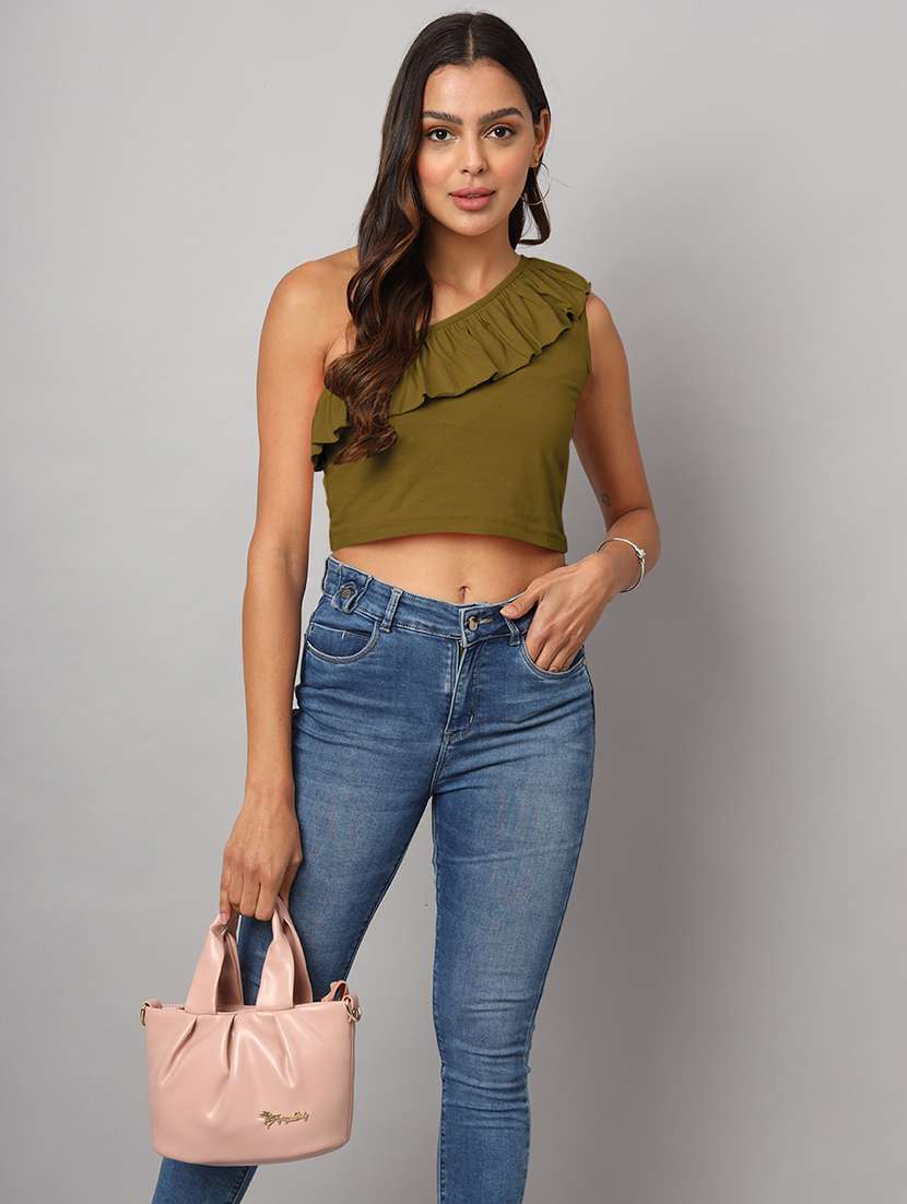 women solid single shoulder crop top - 21741223 -  Standard Image - 3